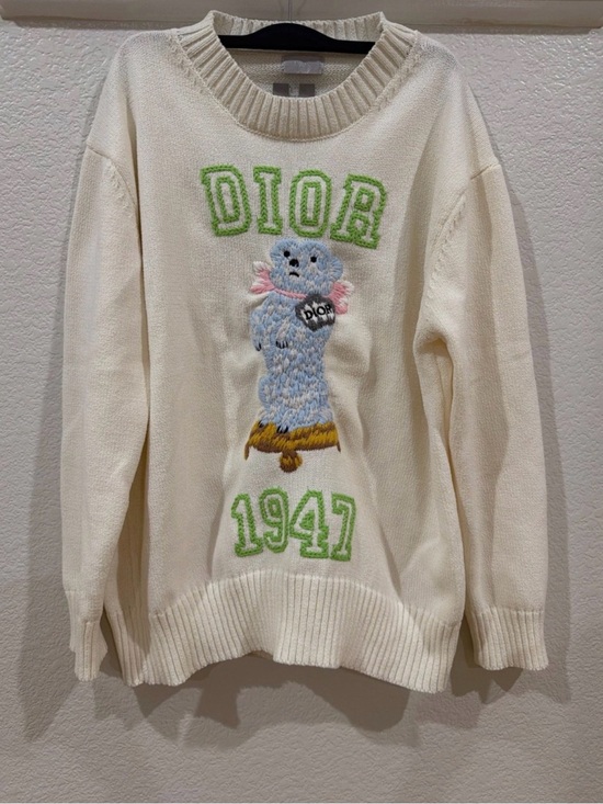 Dior Sweaters - Dior Cream Crewneck Sweater with Green Logo and Blue Teddy